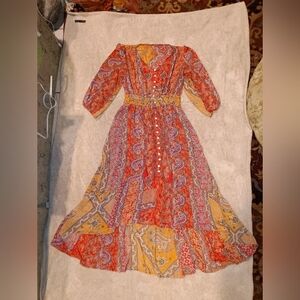 Boemo Elegant Paisley Print Maxi Dress High-Low Hemline, Flowing Boho Style Sz M